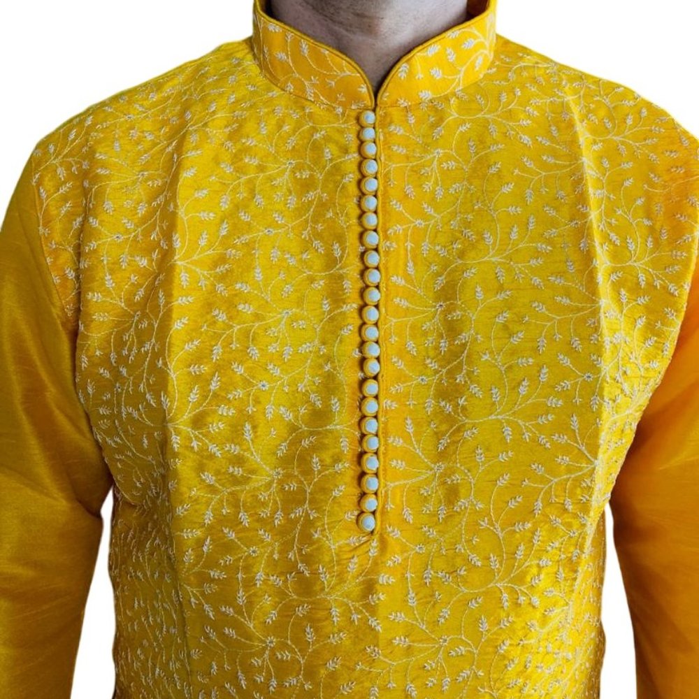 Men's Indian Golden Yellow Embroidered Silk Kurta Set
